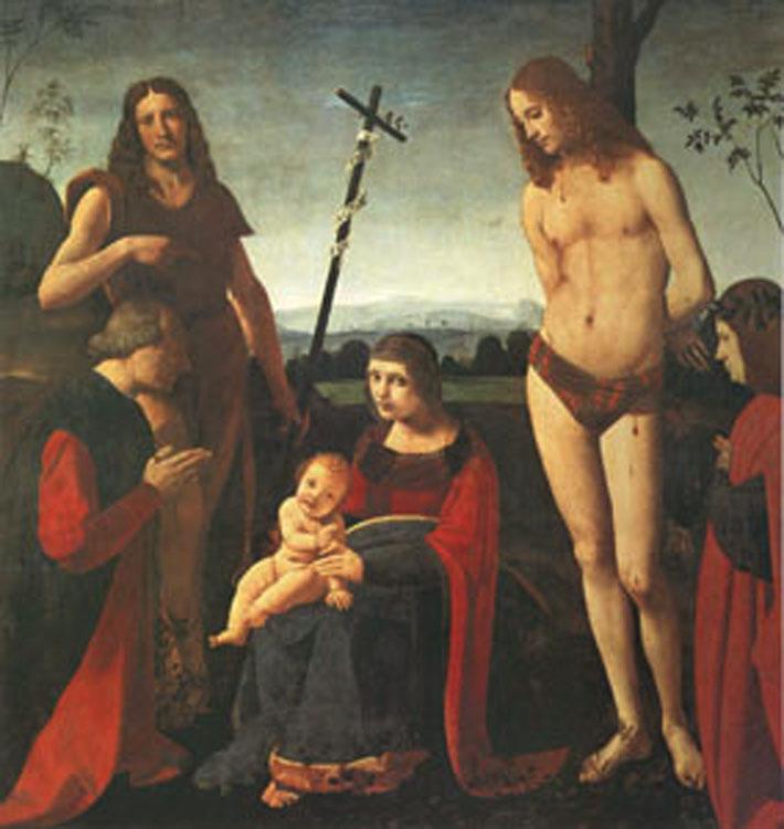 BOLTRAFFIO, Giovanni Antonio The Virgin and Child with Saints John the Baptist and Sebastian Between Two Donors (mk05) oil painting picture